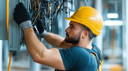 Focused electrician wearing yellow hard hat and gloves working on electrical panel with wires in industrial setting