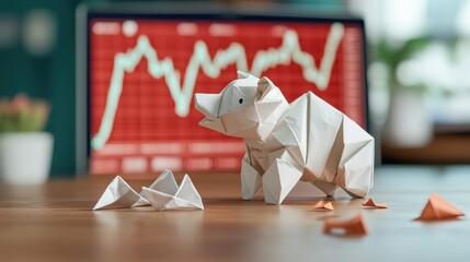 Origami Bear Amid Financial Market Trends on Red Graph Background