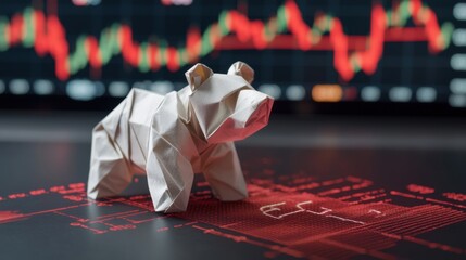 Origami Bear Surrounded by Red Stock Market Graph and Downward Trend