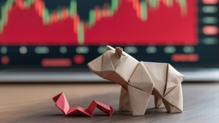 Origami Bear in Front of a Stock Market Crash Chart Background