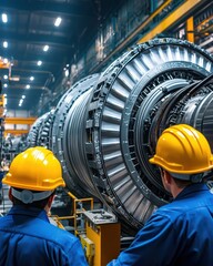 Two industrial workers wearing yellow hard hats inspecting large turbine machinery in a spacious power plant facility with modern lighting