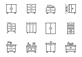 Collection of simple line art icons depicting various furniture and storage units cabinet dresser