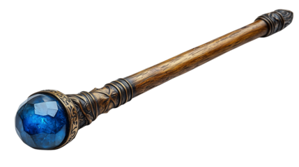 Arcane fantasy weapon made of enchanted wood and vivid blue gem orb used in mythical themes on transparent background