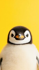 Fototapeta premium A cute penguin chick poses against a vibrant yellow background, showcasing its fluffy feathers and bright eyes, This image is ideal for children's books, educational materials