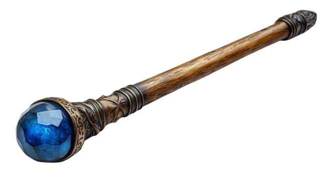 Arcane fantasy weapon made of enchanted wood and vivid blue gem orb used in mythical themes on transparent background