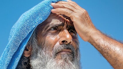 Close-Up of Sweaty Man Wiping His Brow with Tow in Bright Sunlight