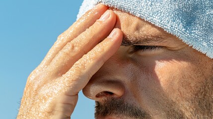 Close-Up of a Sweaty Man Wiping His Brow with a Towel