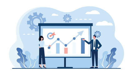 Business presentation with chart showing growth with two people presenting data analysis