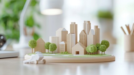 Minimalist Wooden City Scape Design with Lush Greenery Elements