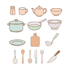 Kitchen tableware plates cups forks knives kettle color set FlatOutline style