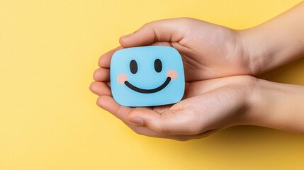 Cheerful Hands Holding a Blue Smiley Cutout on Yellow Background