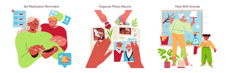 Assisting Elders With Everyday Tasks Vector Illustration