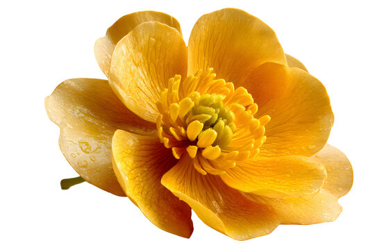 Striking closeup of a vibrant yellow buttercup flower against a transparent background