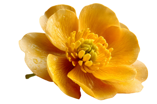 Striking closeup of a vibrant yellow buttercup flower against a transparent background