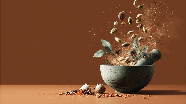 Culinary Creation: A detailed shot captures a pestle grinds herbs and spices, a feast for the senses and culinary delight.