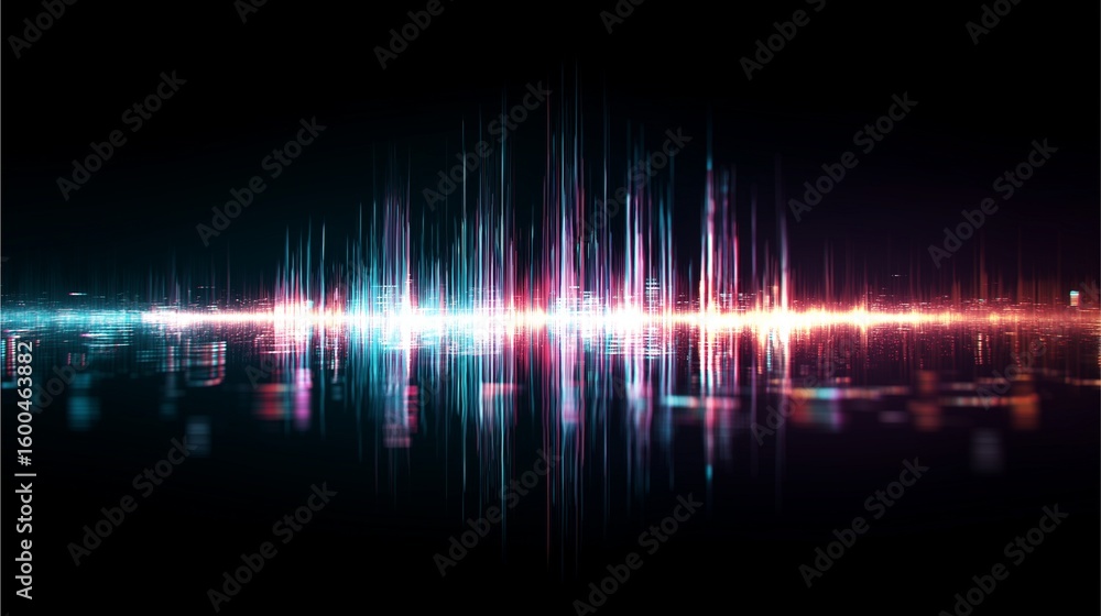 Poster vibrant audio spectrum: a dynamic audio spectrum, radiating with a spectrum of neon lights, is captu