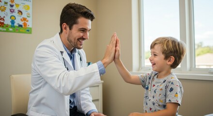 Fototapeta premium Friendly doctor high-fives smiling toddler after a successful medical checkup in a bright office
