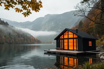 Fototapeta premium A cozy dark cabin with glowing windows sits on a wooden deck next to a calm lake surrounded by autumn trees and misty mountains