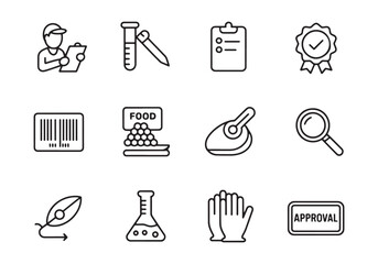Food safety inspection icons including person with clipboard lab equipment quality seal barcode food item magnifying glass and approval stamp