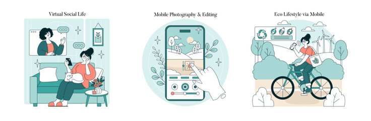 Virtual Interaction and Mobile Lifestyle Vector Illustrations