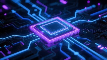 Neon-lit Microprocessor on Circuit Board