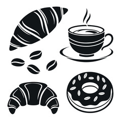 Breakfast food icons with croissant donut, coffee cup and coffee beans in black silhouette style