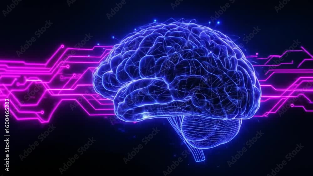 Poster animated glowing brain with electronic circuits representing digital intelligence