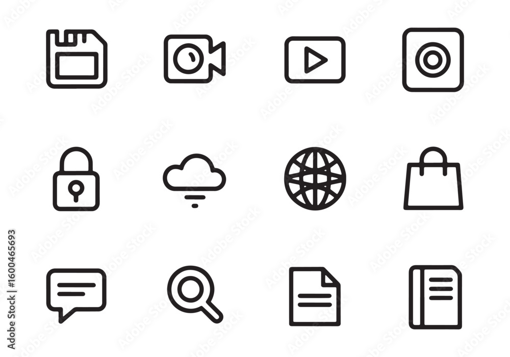 Fototapete Set of twelve black outline icons on a white background including a floppy disk camera play button speaker lock cloud globe shopping bag chat magnifying