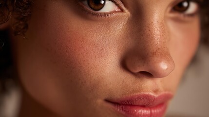 Naklejka premium Soft light plays on the cheekbones Close-up portrait capturing the unique beauty and expressive features of a young woman with curly hair.
