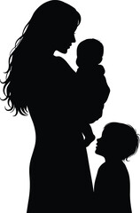 Mother holding baby with child silhouette, family love illustration, parenting bond, emotional connection, black and white