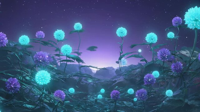 Stunning cluster of luminescent space-blooms in a vibrant alien landscape. These colorful flowers thrive amidst exotic terrain, revealing beauty of nature in an extraordinary setting
