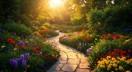 Enchanting Garden Path A Sun-Drenched Walk Through Floral Beauty