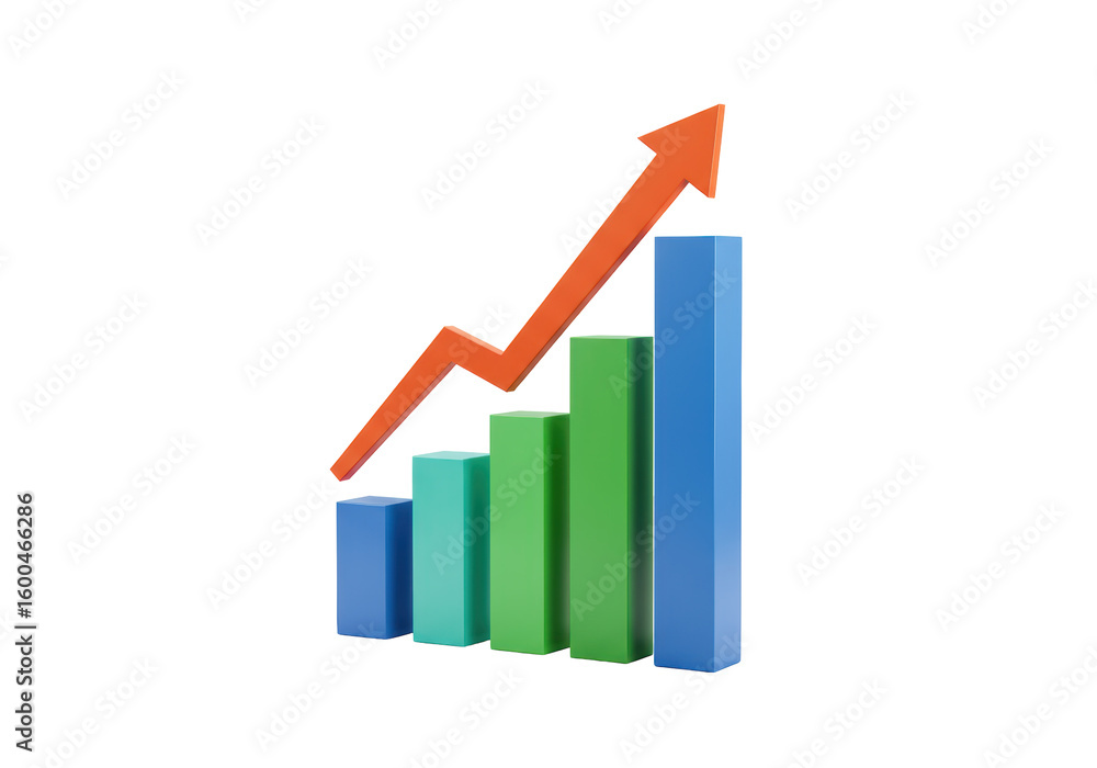 Poster isolated multi-colored bar chart with red upward arrow showing business growth