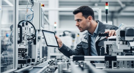 Focused male technician analyzing production line equipment in modern factory setting.