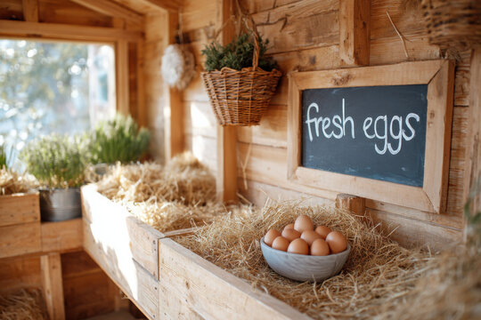 fresh farm eggs in a ceramic bowl placed on hay inside a rustic wooden chicken coop with a chalkboard sign and morning sunlight from a window, concept of egg farming, local food, homestead core