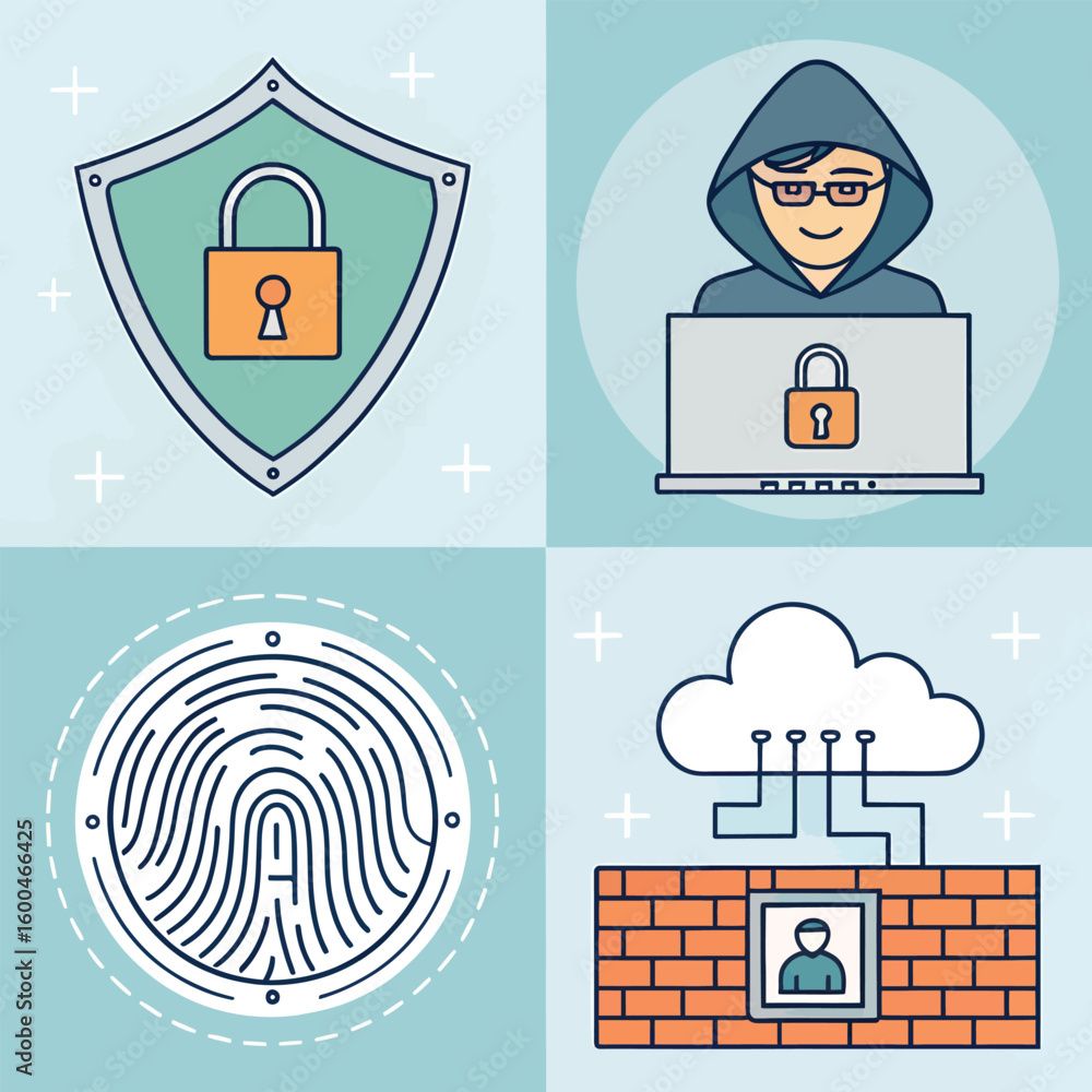 Poster digital security icons shield lock fingerprint cloud and hacker