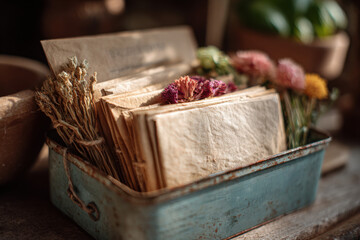 vintage seed packets in rustic blue metal box with dried flowers, warm sunlight and textured paper, concept of homestead core, seed saving, slow gardening and botanical lifestyle aesthetic