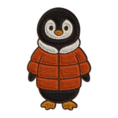 Embroidered penguin in a red down jacket. Festive winter digital patch, perfect for designing digital Christmas cards, digital planners and scrapbooking.