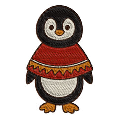Embroidered penguin in red poncho with ornaments. Festive winter clipart, perfect for digital Christmas card designs, digital planners and scrapbooking.