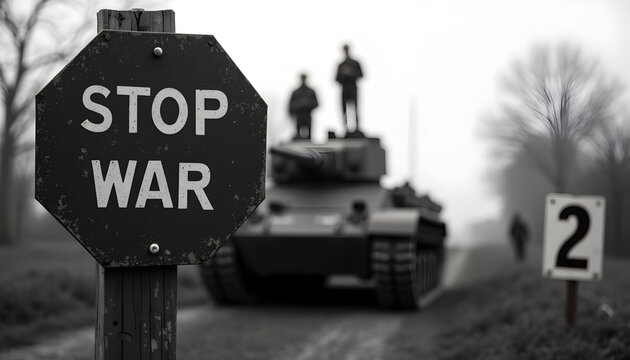 Stark monochrome image featuring a stop war sign confronting a blurred military tank with figures