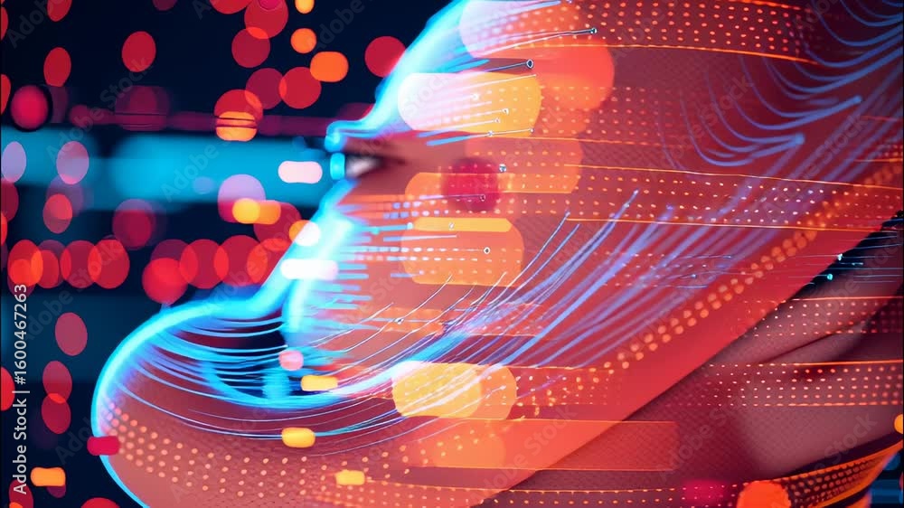 Poster binary integration streams across a in face, symbolizing the code of technology 4k humanity woman's 