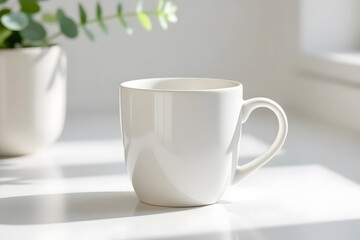 Obraz premium Minimalist White Mug with Soft Natural Light and Greenery
