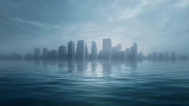 A city skyline partially submerged underwater symbolizing sea level rise  long title An eerie atmospheric cityscape with towering skyscrapers