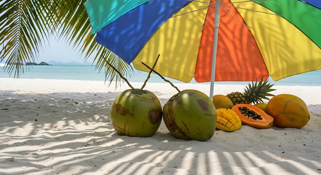Tropical fruits and coconuts under a colorful umbrella on a sandy beach