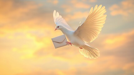 A white pigeon flies against the sunset sky, holding an envelope in its beak. A symbol of peace, hope and a message filled with light and tranquility.