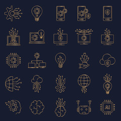 Digital IT market icons, gold tone on dark blue background.