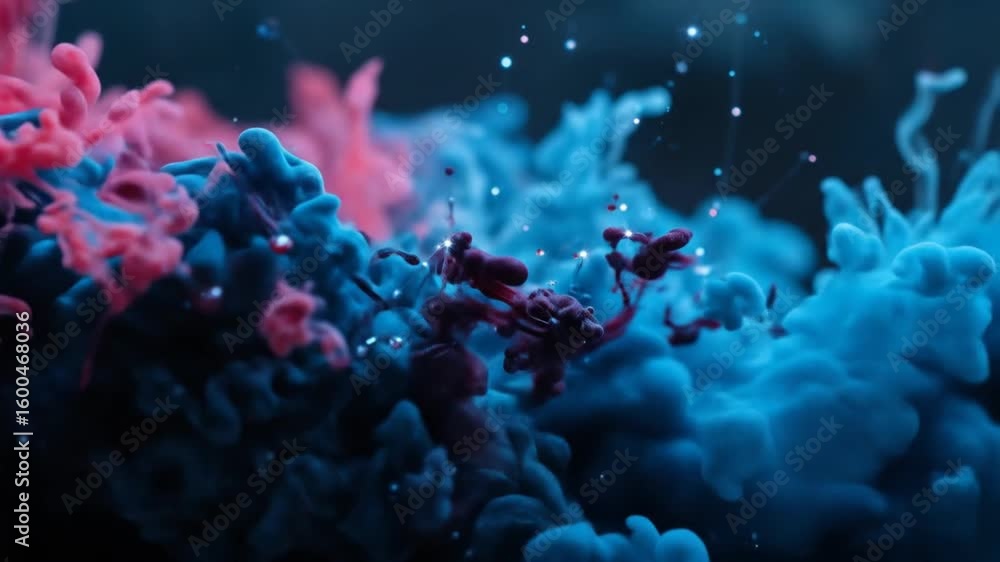 Poster colorful ink explosion underwater with sparkles and fluid dynamics in motion