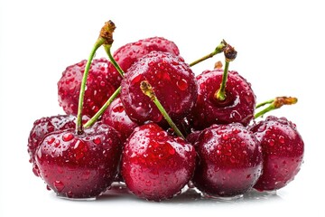 Closeup of Fresh Red Cherries with Water Drops on White Background