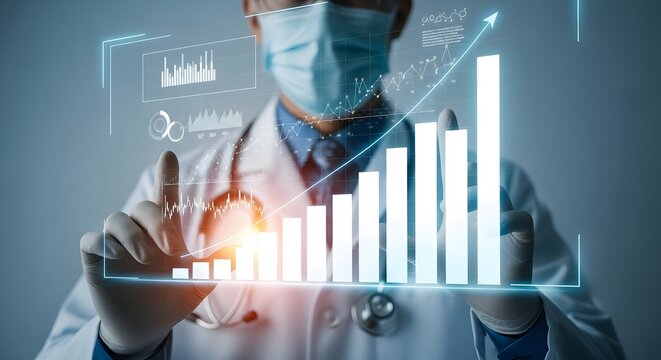 Doctor analyzing medical data on futuristic holographic interface with rising bar graph.