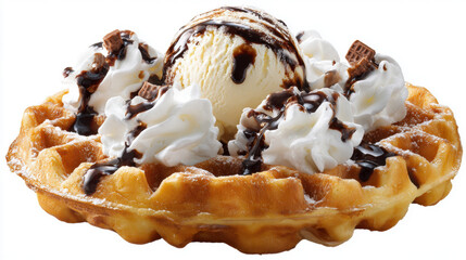 a golden waffle, drizzled with melted chocolate, topped with whipped cream or a scoop of vanilla ice cream, isolated on a white background. 
